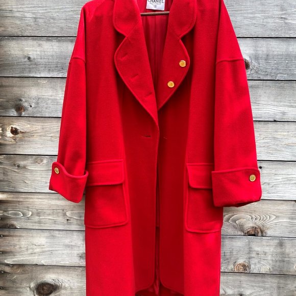 Chanel Women Cashmere/Silk Long Red Coat Coco Chanel Peacoat From France - Picture 13 of 14